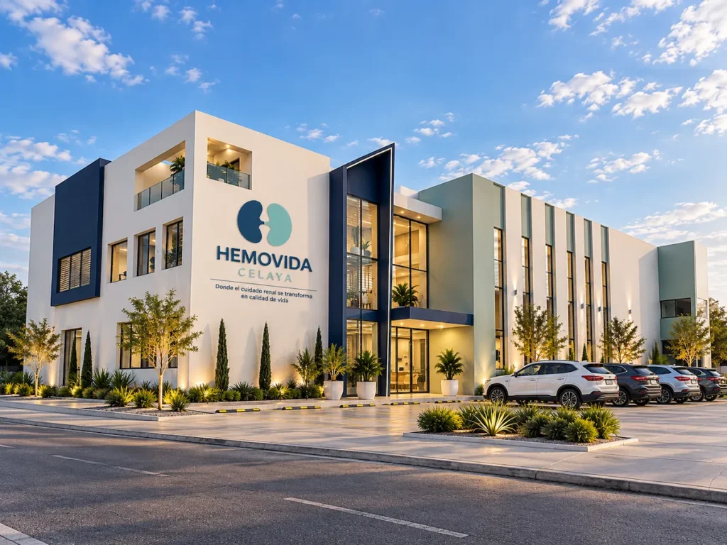 Fachada de Hemovida Celaya con el letrero de la clínica y estacionamiento al frente.